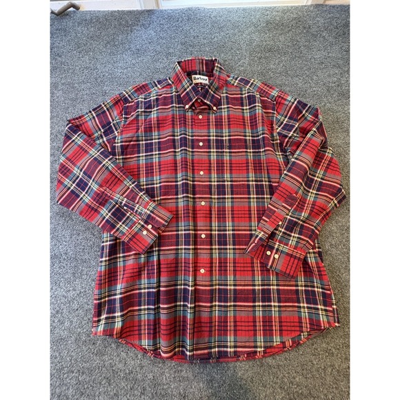 Barbour Shirt Mens XL Red Navy Tartan Plaid Button Down Long Sleeve Regular Fit - Picture 1 of 9